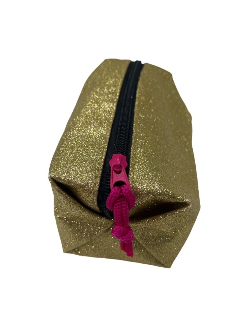 Gold Glitter Pencil Case With Black Zipper & Pink Pull Tab 8.5"x3"x2.5" 26j